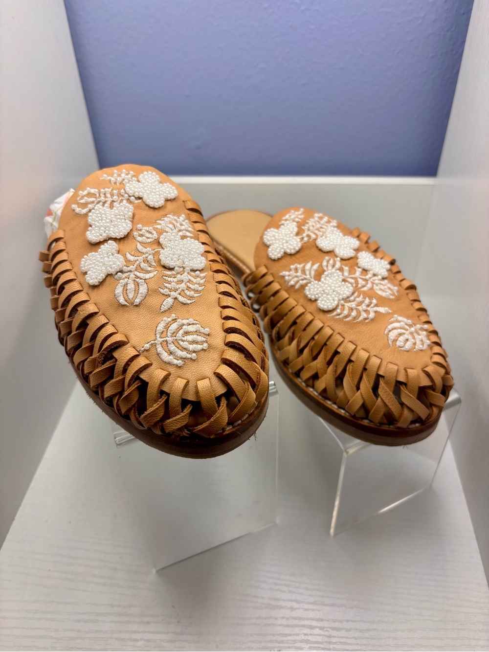 Anthropologie | Woven Leather Slip-On Mules with White Beaded Floral Embroidery